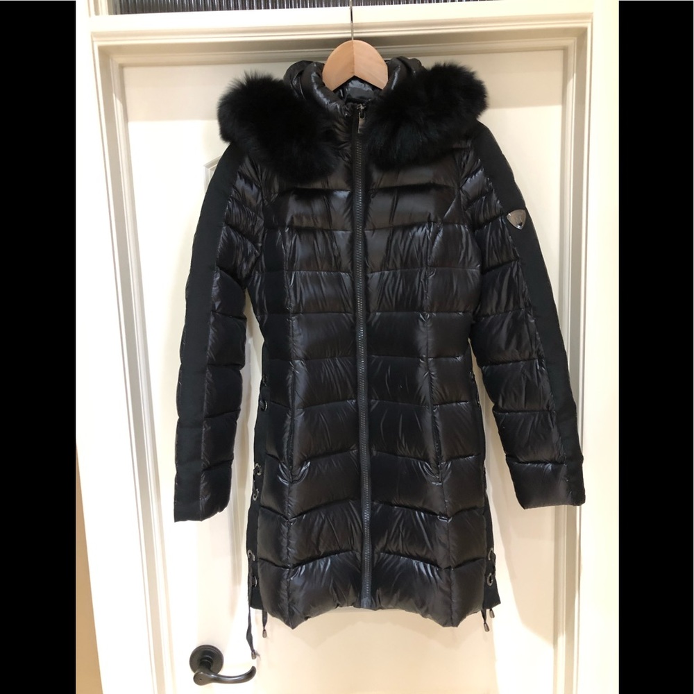 1 Madison black fur trimmed down coat xs